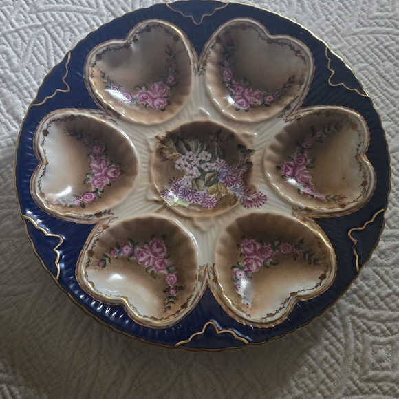 Limoges Other - Limoges Blue and Cream Heart Ceramic Oyster Plate with Gold Trim